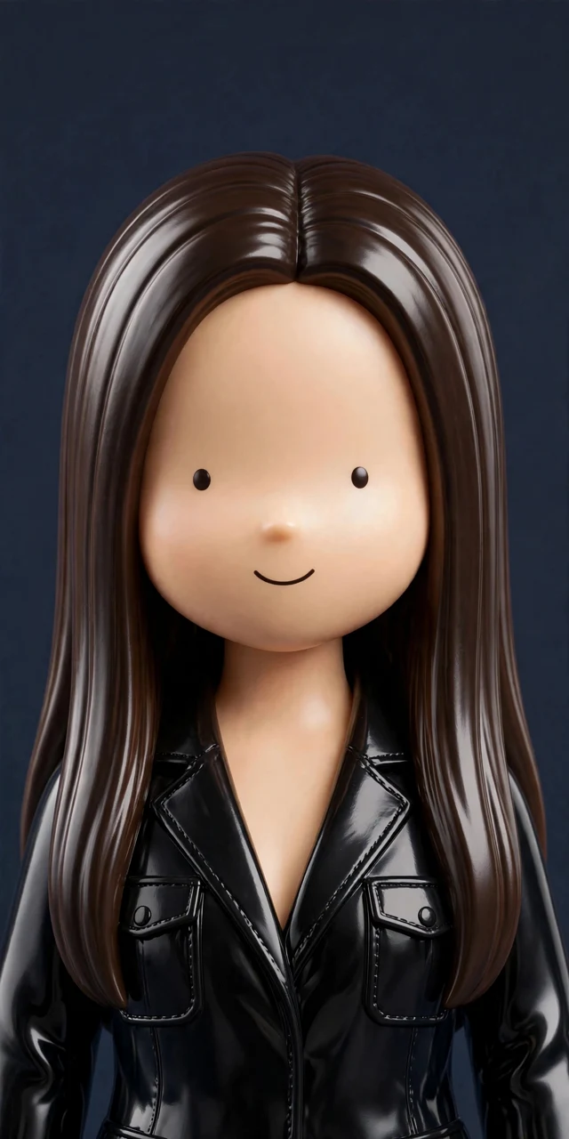 Glossy vinyl portrait of Chloe, long straight dark brown hair, black blazer, on dark slate