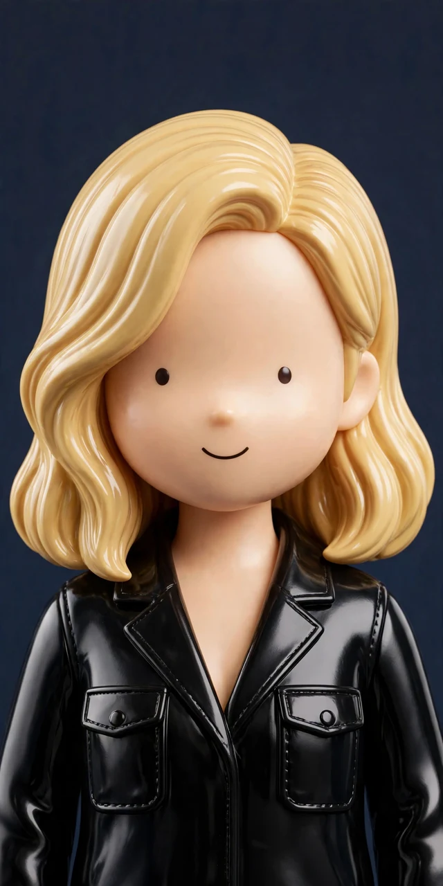 Glossy vinyl portrait of Ella, soft blonde waves, black blazer, on dark slate