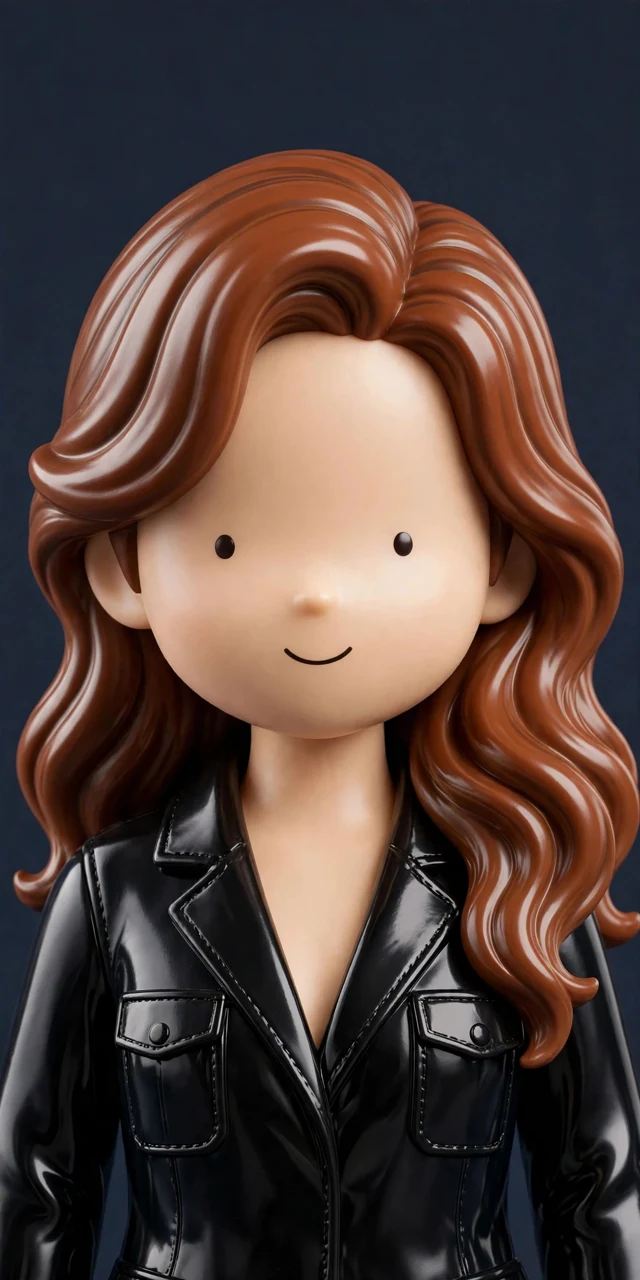 Glossy vinyl portrait of Mia, wavy chestnut hair, black blazer, on dark slate