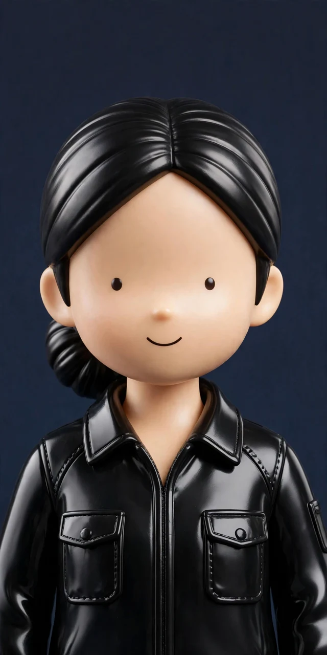 Glossy vinyl portrait of Sofia, black hair in a low bun, black blazer, on dark slate